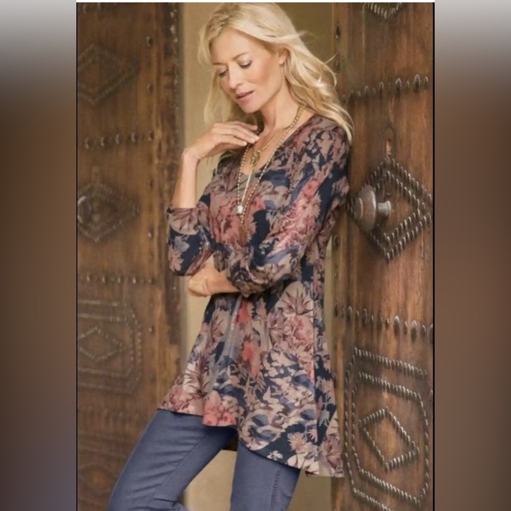Soft Surroundings Millie L Tunic Asymmetrical Dark Floral Forest Bird Artsy